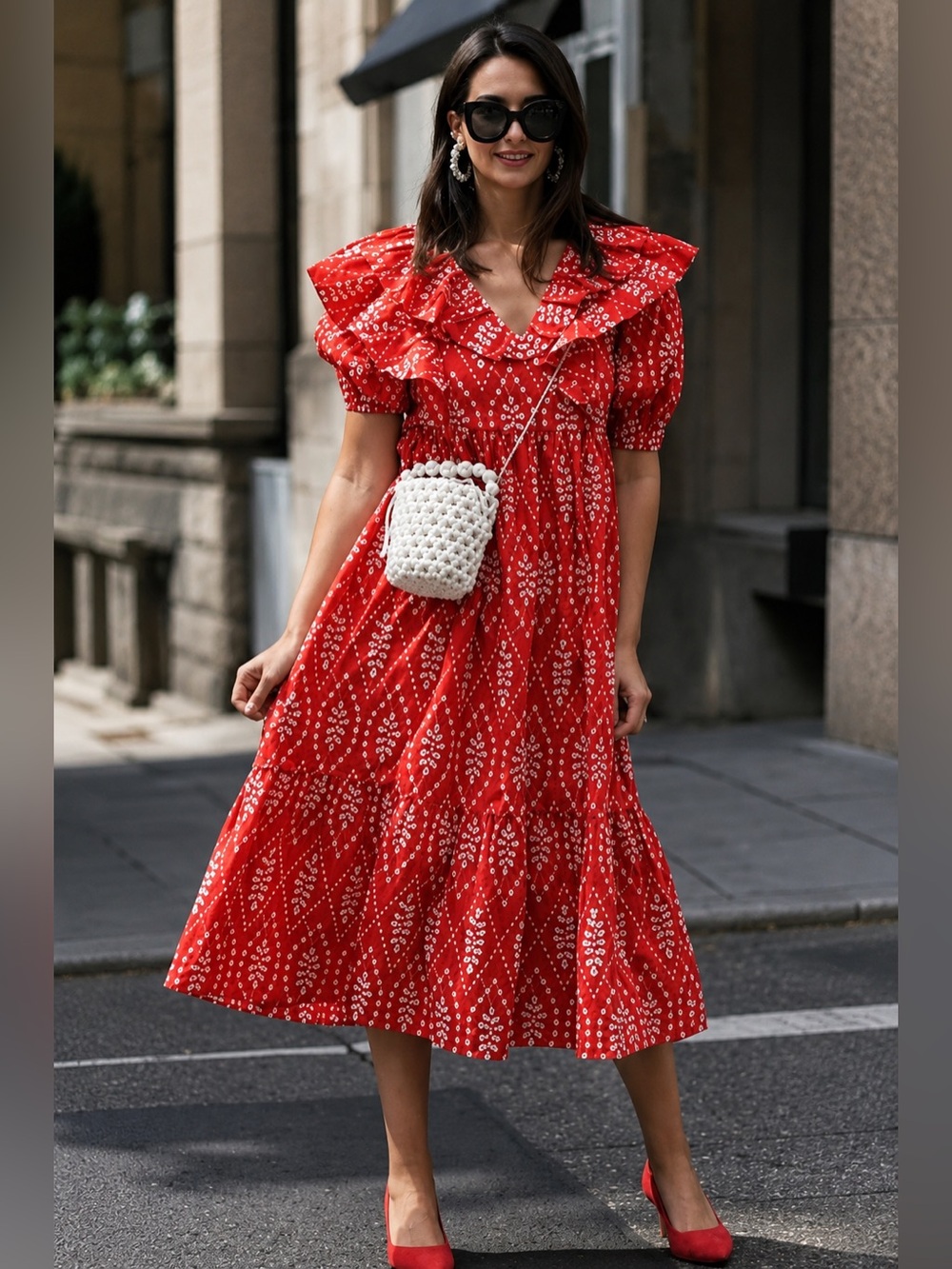 ZARA DRESS WITH CUTWORK EMBROIDERY PUFF SLEEVES MIDI RED - Picture 14 of 15